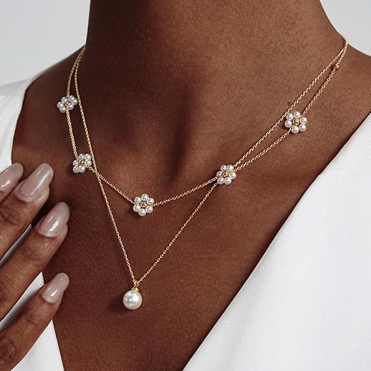 Floral Faux Pearl Layered Necklace | Gold-Tone