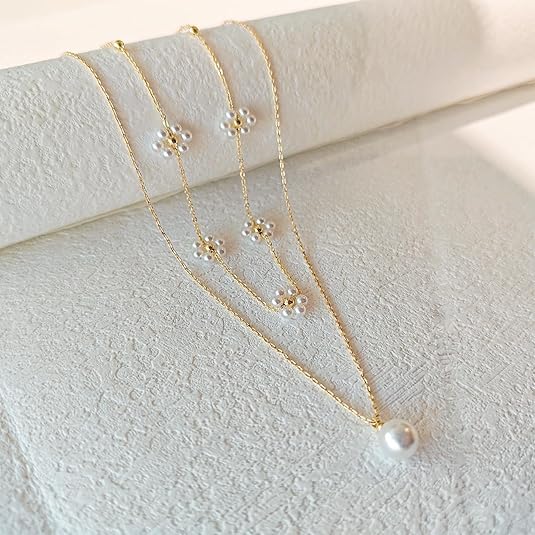 Floral Faux Pearl Layered Necklace | Gold-Tone