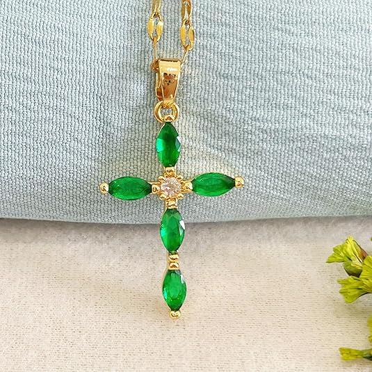 Green Stone Cross Necklace | Gold-Tone
