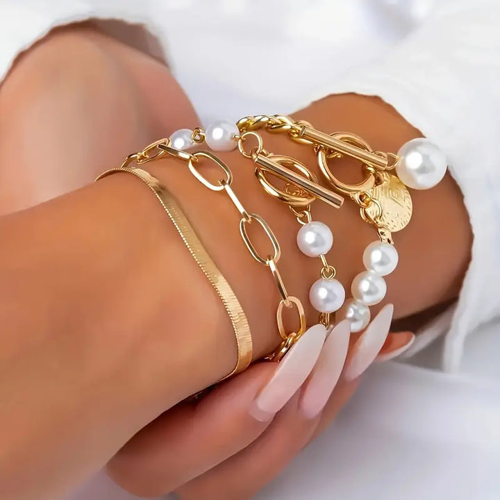 Chic Gold-Tone 4-Piece Bracelet Set – Snake, Faux Pearls & Links | Gold-Tone