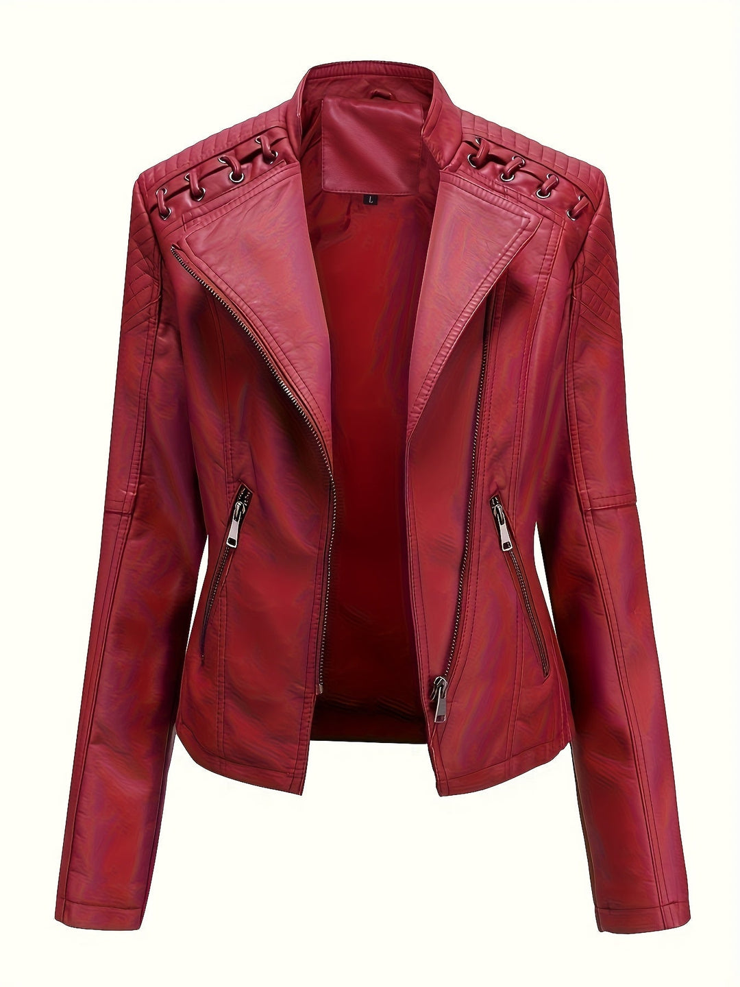 Elegant Faux Leather Moto Jacket for Women with Notch Lapel Zip Front Studded Shoulder