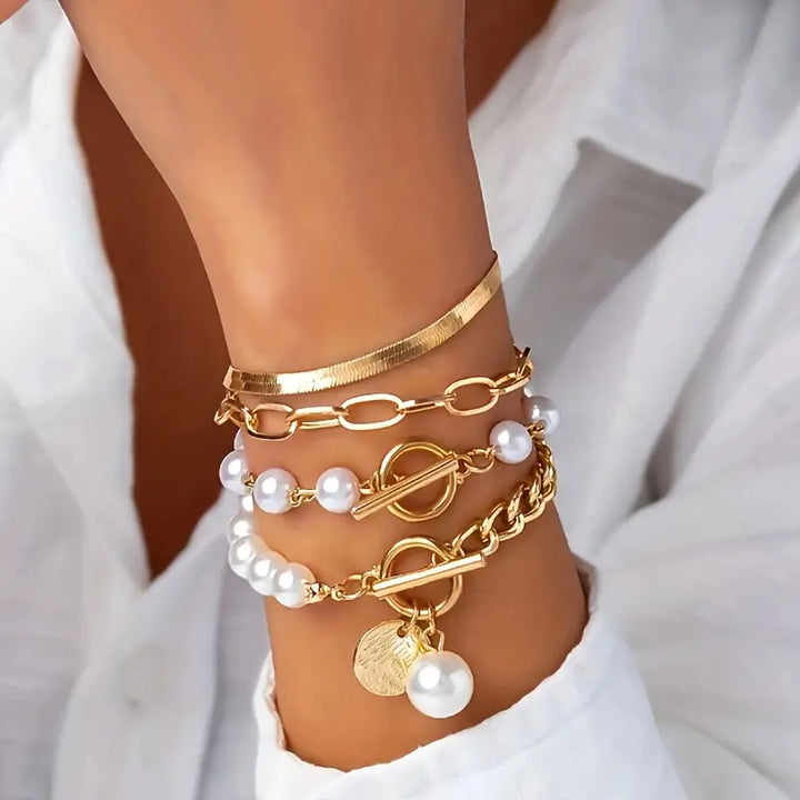 Chic Gold-Tone 4-Piece Bracelet Set – Snake, Faux Pearls & Links | Gold-Tone