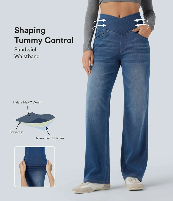 UltraStretch Crossover High Waisted Tummy Control Casual Straight Leg Jeans with Pockets