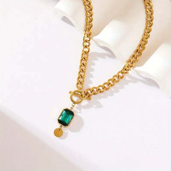 Chunky Chain Green Stone Pendant Necklace | Gold-Tone