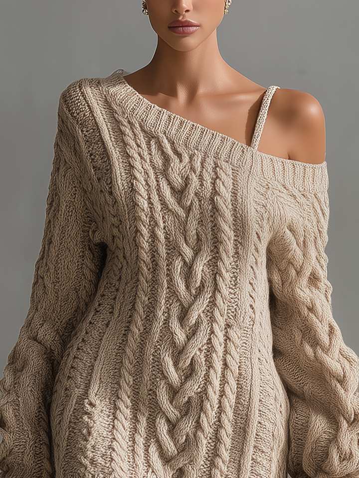Women's Beige Cable Knit Off-the-Shoulder Fashion Mini Dress