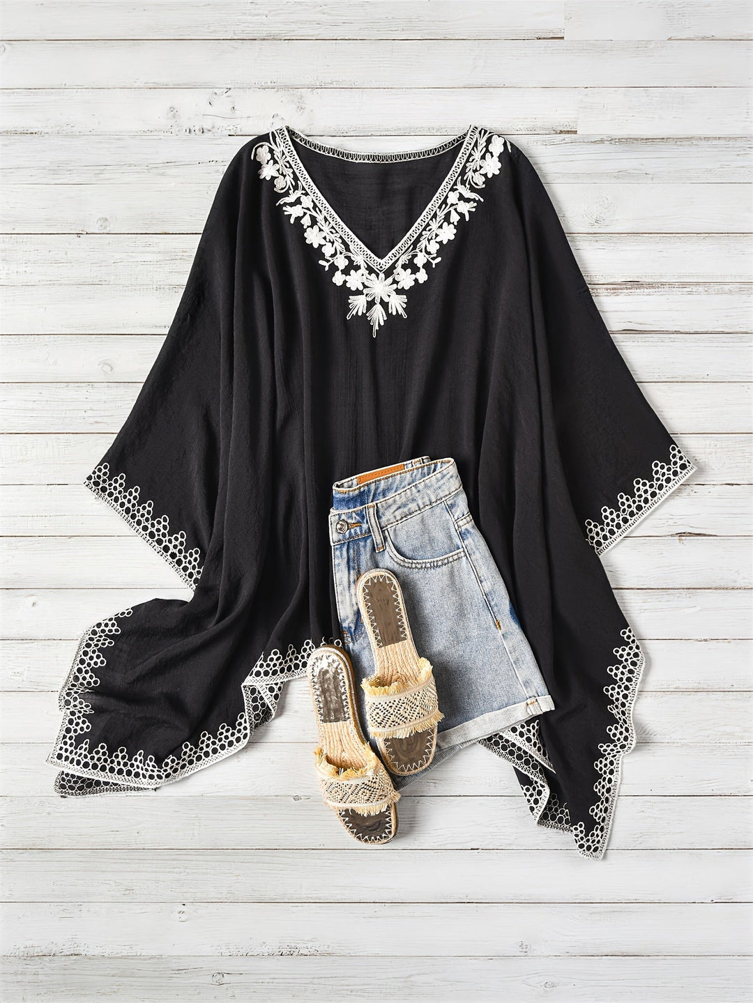 Effortless Poncho Shirt for Women with V Neck Embroidered Trim Draped Batwing Style