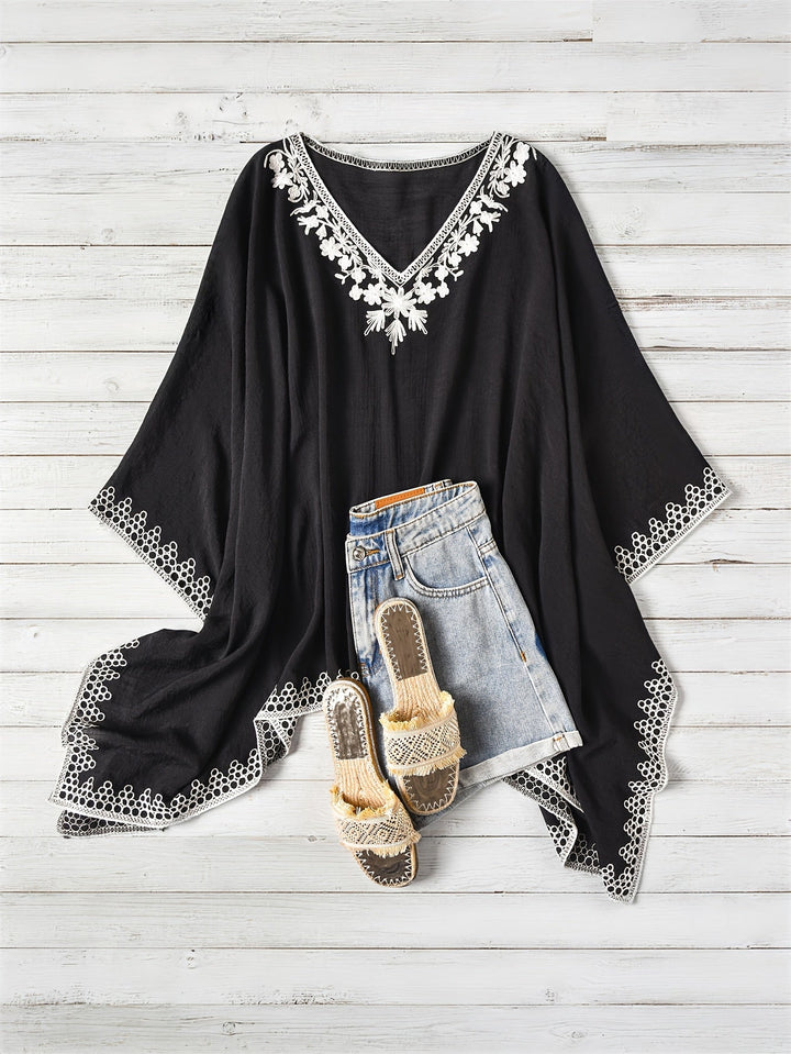 Effortless Poncho Shirt for Women with V Neck Embroidered Trim Draped Batwing Style