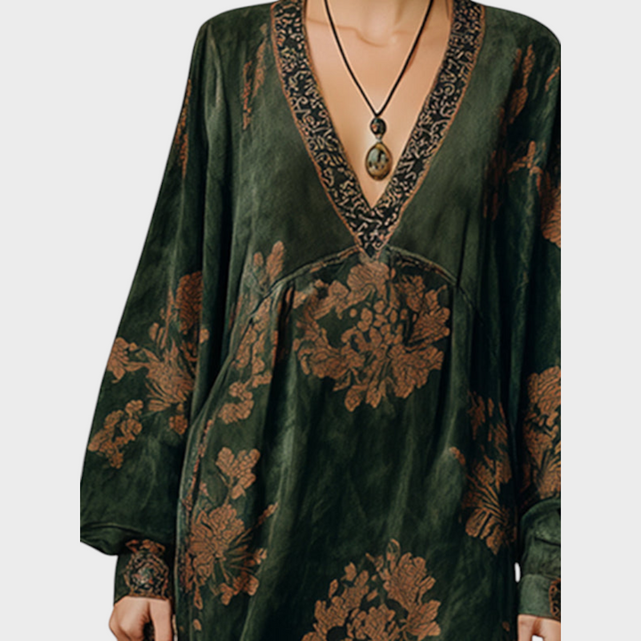 Makayla | Green Faux Suede V-Neck Maxi Dress with Tassel Trim