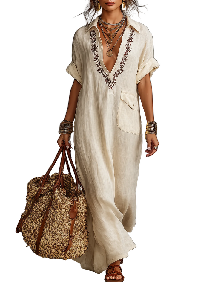 Women's Minimalist Linen Blend Embroidered Short-sleeved Shirt Maxi Dress