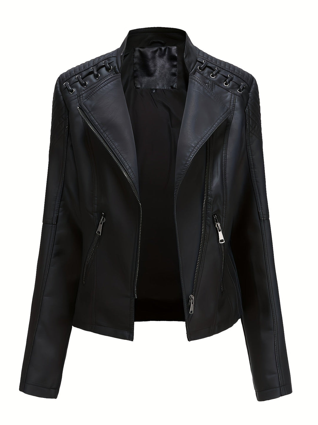 Elegant Faux Leather Moto Jacket for Women with Notch Lapel Zip Front Studded Shoulder