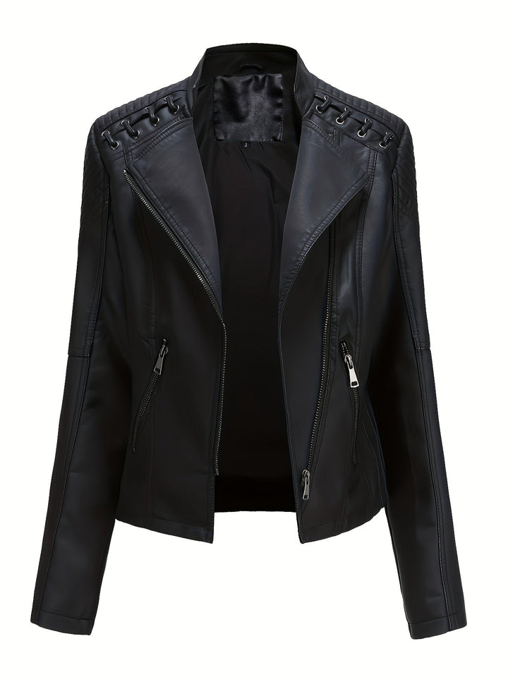 Elegant Faux Leather Moto Jacket for Women with Notch Lapel Zip Front Studded Shoulder