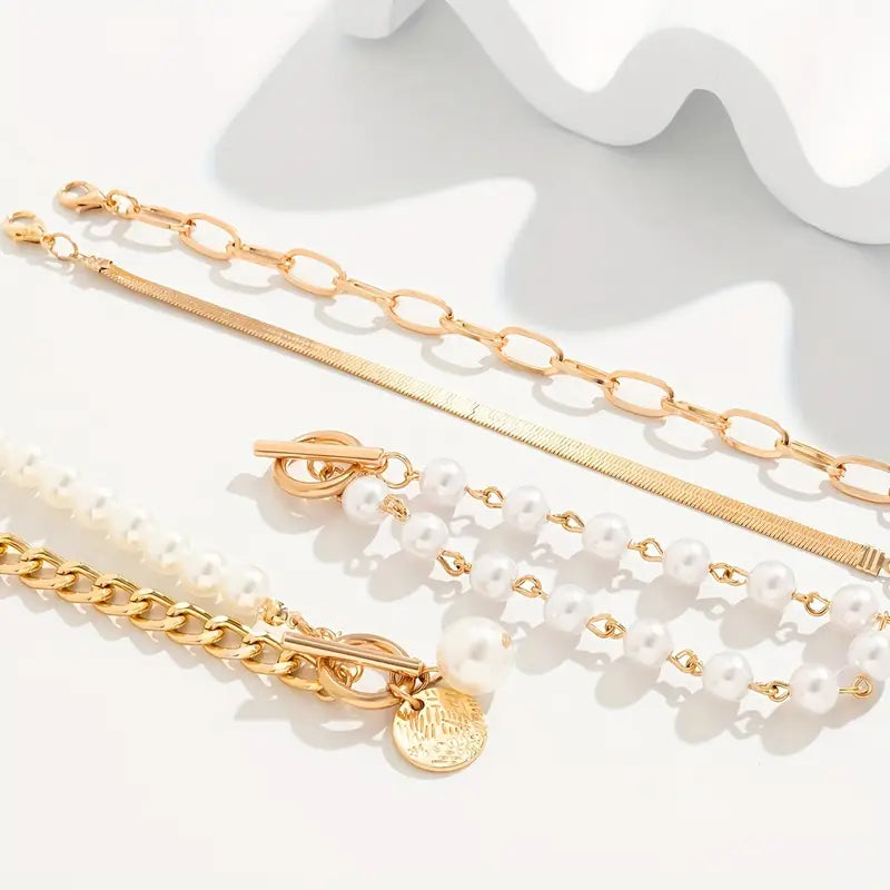 Chic Gold-Tone 4-Piece Bracelet Set – Snake, Faux Pearls & Links | Gold-Tone