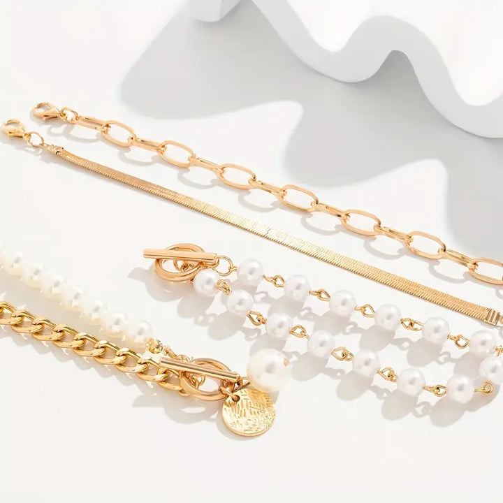 Chic Gold-Tone 4-Piece Bracelet Set – Snake, Faux Pearls & Links | Gold-Tone