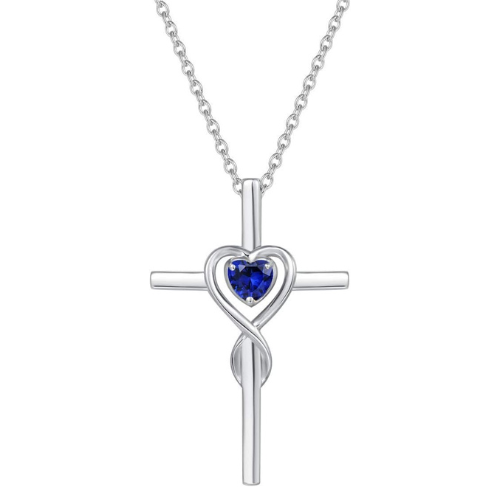 Blue Stone Heart Stone Cross Necklace | Silver-Tone