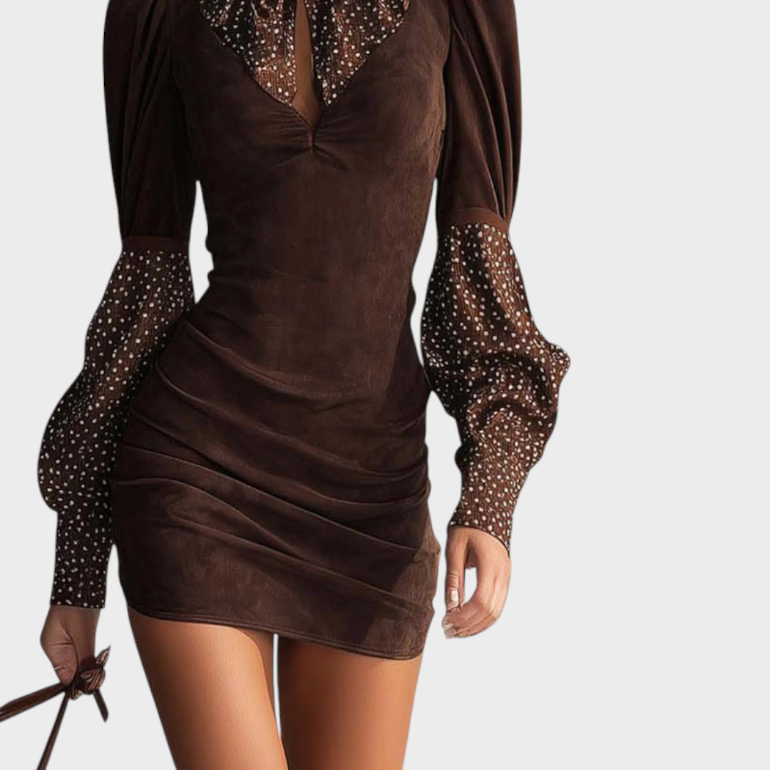 Laira | BROWN FAUX SUEDE BODYCON DRESS WITH SATIN POLKA DOTS