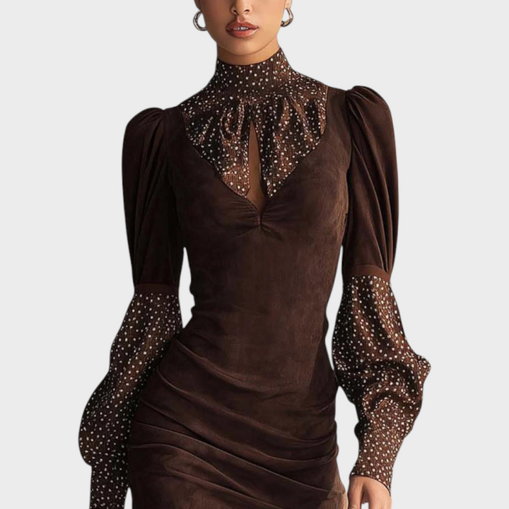 Laira | BROWN FAUX SUEDE BODYCON DRESS WITH SATIN POLKA DOTS