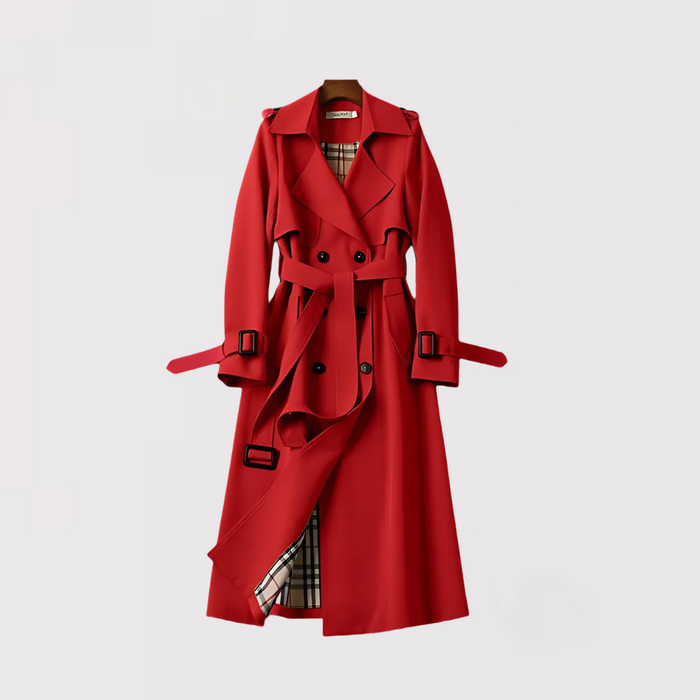 Elegant Trench Coat for Women with Notched Lapel Long Sleeve Belted Double Breasted Style