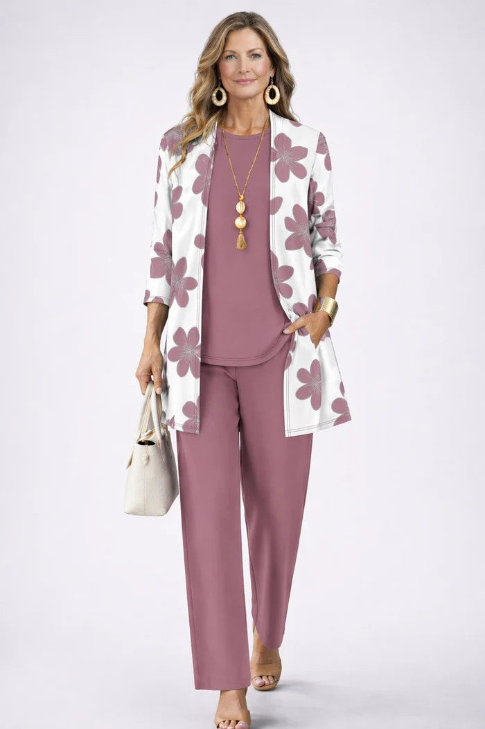 Margaret | Three-Piece Co-ord Set with Longline Cardigan and Printed Trousers