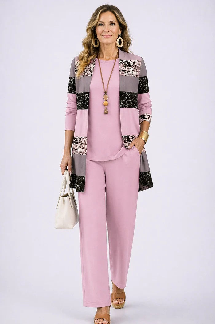 Iris | Three-Piece Cardigan, Top and Printed Trouser Set