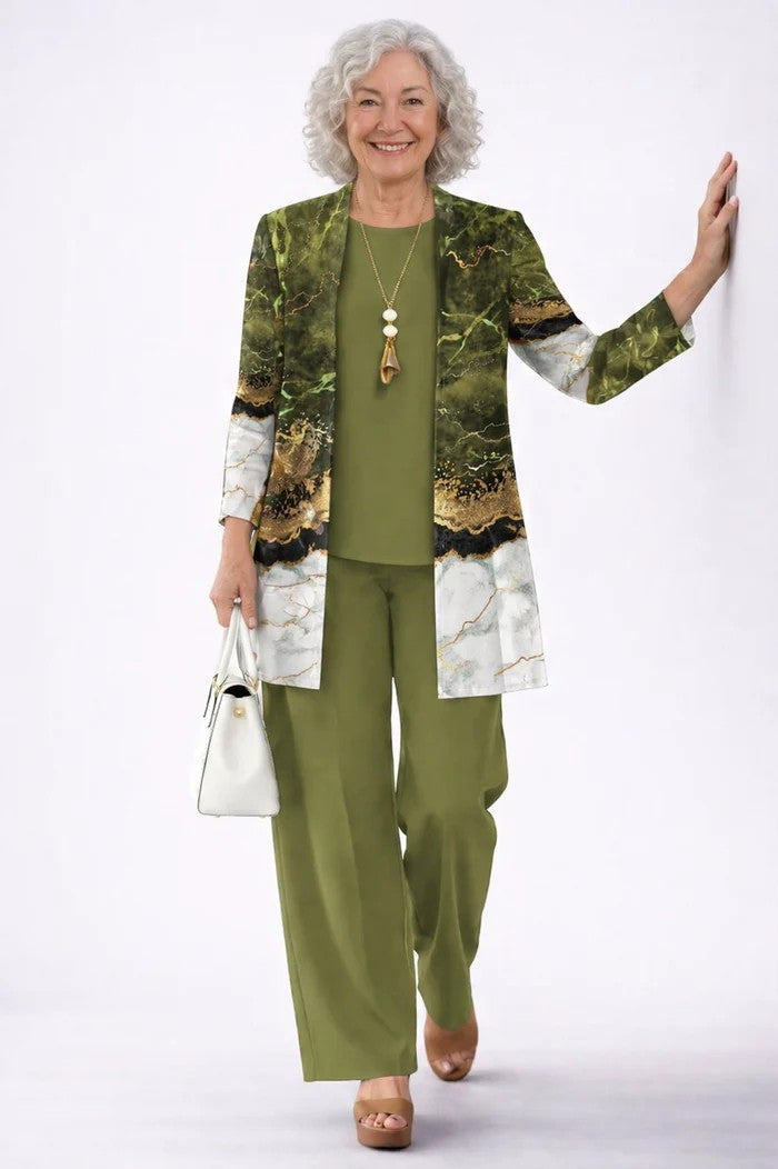 Margaret | Three-Piece Co-ord Set with Longline Cardigan and Printed Trousers