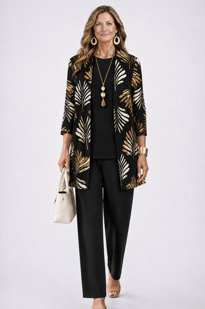 Iris | Three-Piece Cardigan, Top and Printed Trouser Set
