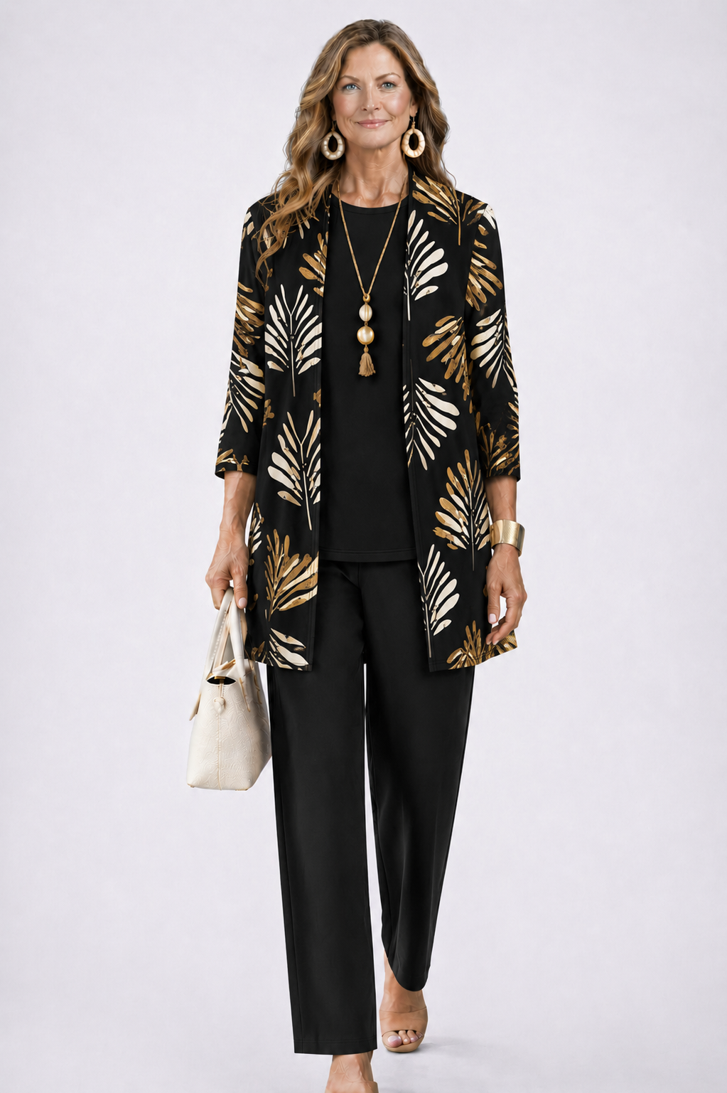 Margaret | Three-Piece Co-ord Set with Longline Cardigan and Printed Trousers