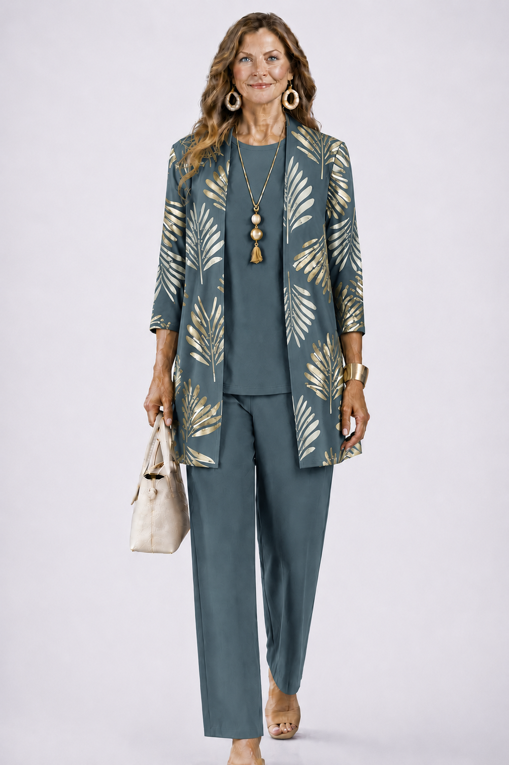 Margaret | Three-Piece Co-ord Set with Longline Cardigan and Printed Trousers