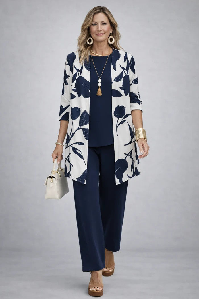 Margaret | Three-Piece Co-ord Set with Longline Cardigan and Printed Trousers