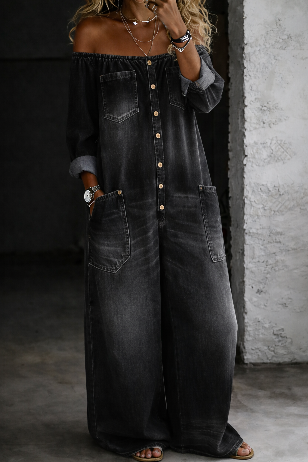 Off Shoulder Jumpsuit for Women - Long Sleeve Denim Style