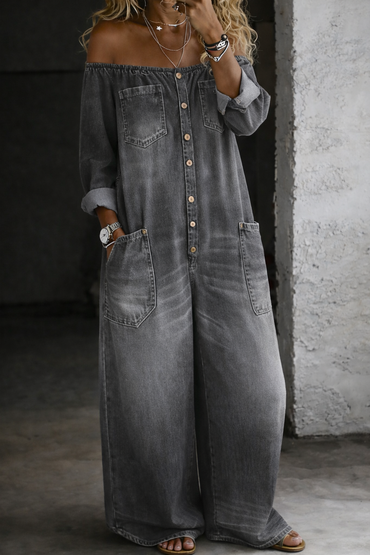 Off Shoulder Jumpsuit for Women - Long Sleeve Denim Style