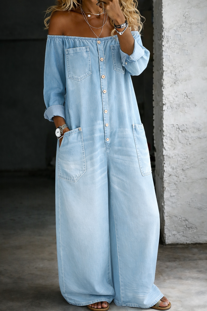 Off Shoulder Jumpsuit for Women - Long Sleeve Denim Style