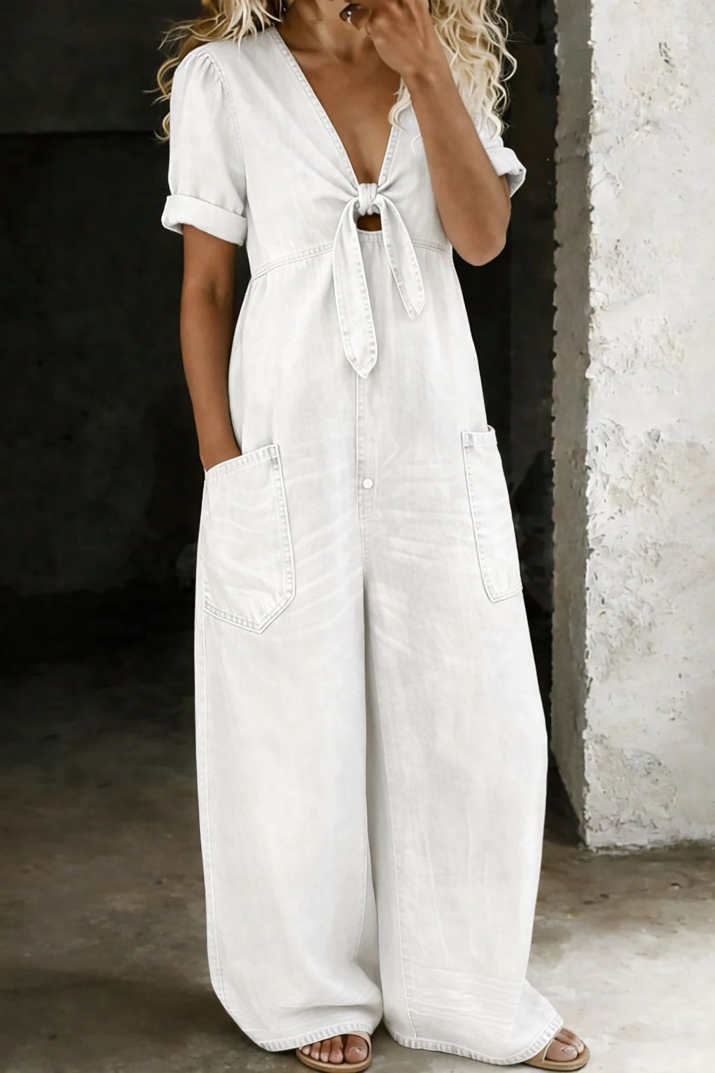 V Neck Denim Jumpsuit Short Sleeve for Women
