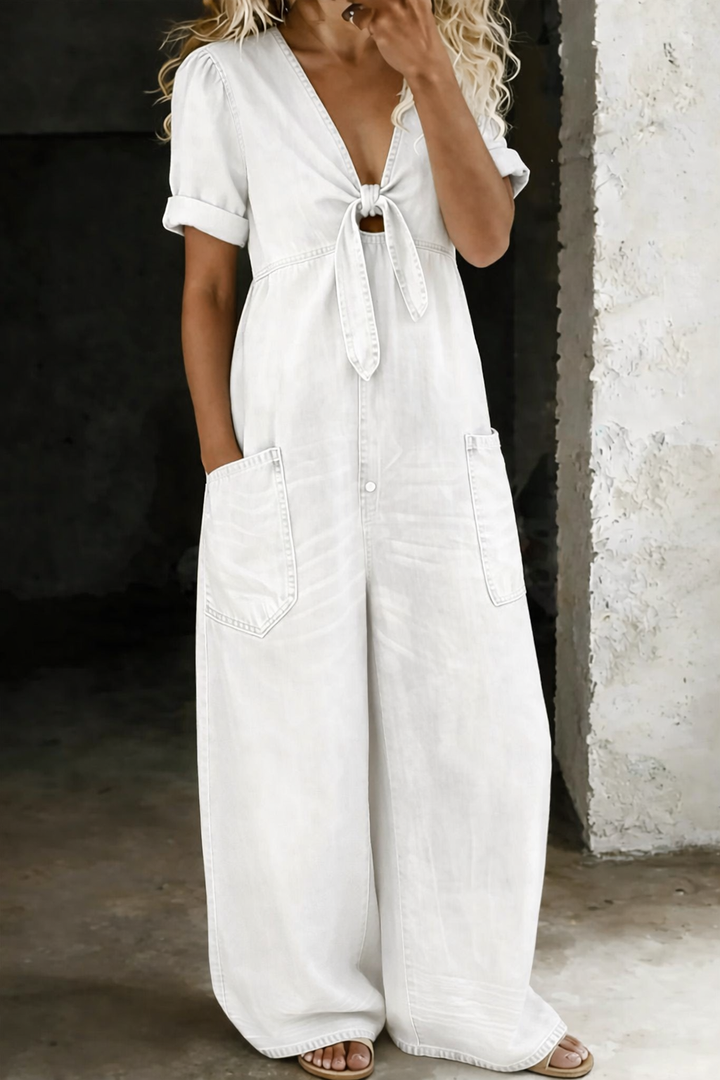V Neck Denim Jumpsuit Short Sleeve for Women