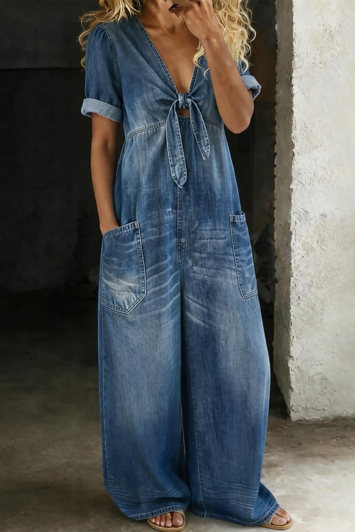 V Neck Denim Jumpsuit Short Sleeve for Women
