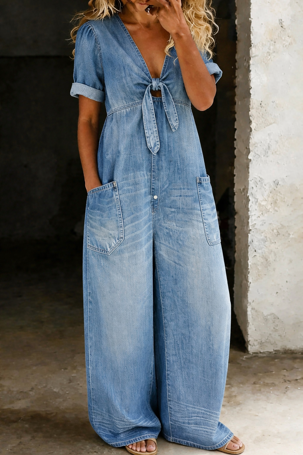 V Neck Denim Jumpsuit Short Sleeve for Women