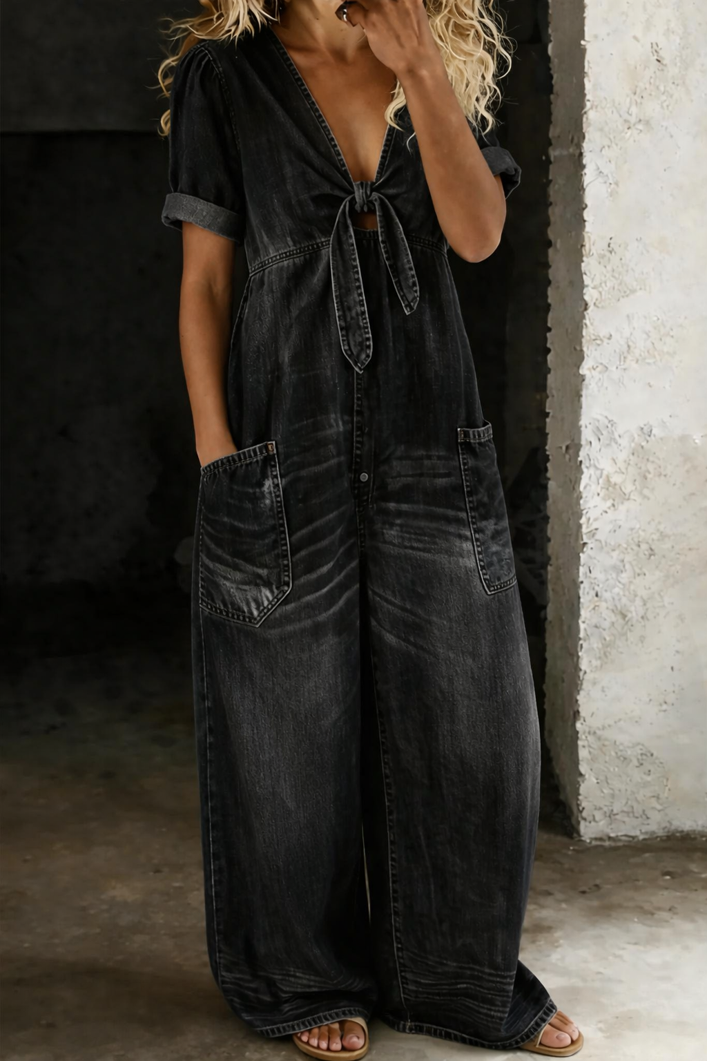V Neck Denim Jumpsuit Short Sleeve for Women