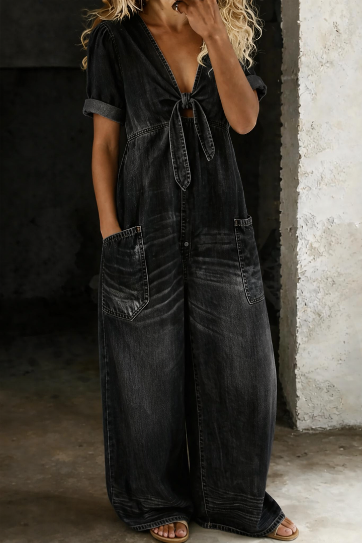 V Neck Denim Jumpsuit Short Sleeve for Women
