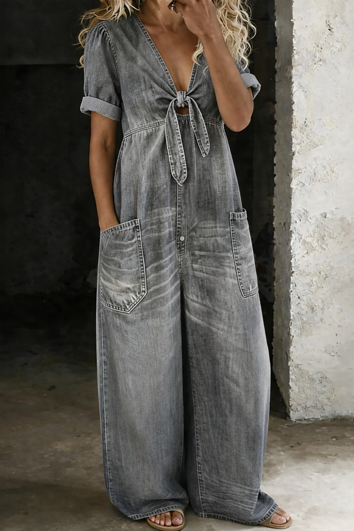 V Neck Denim Jumpsuit Short Sleeve for Women
