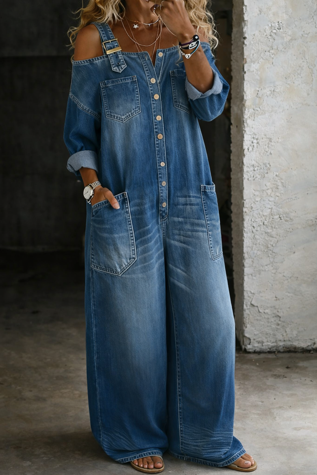 Off Shoulder Denim Jumpsuit - Casual Women's One Piece