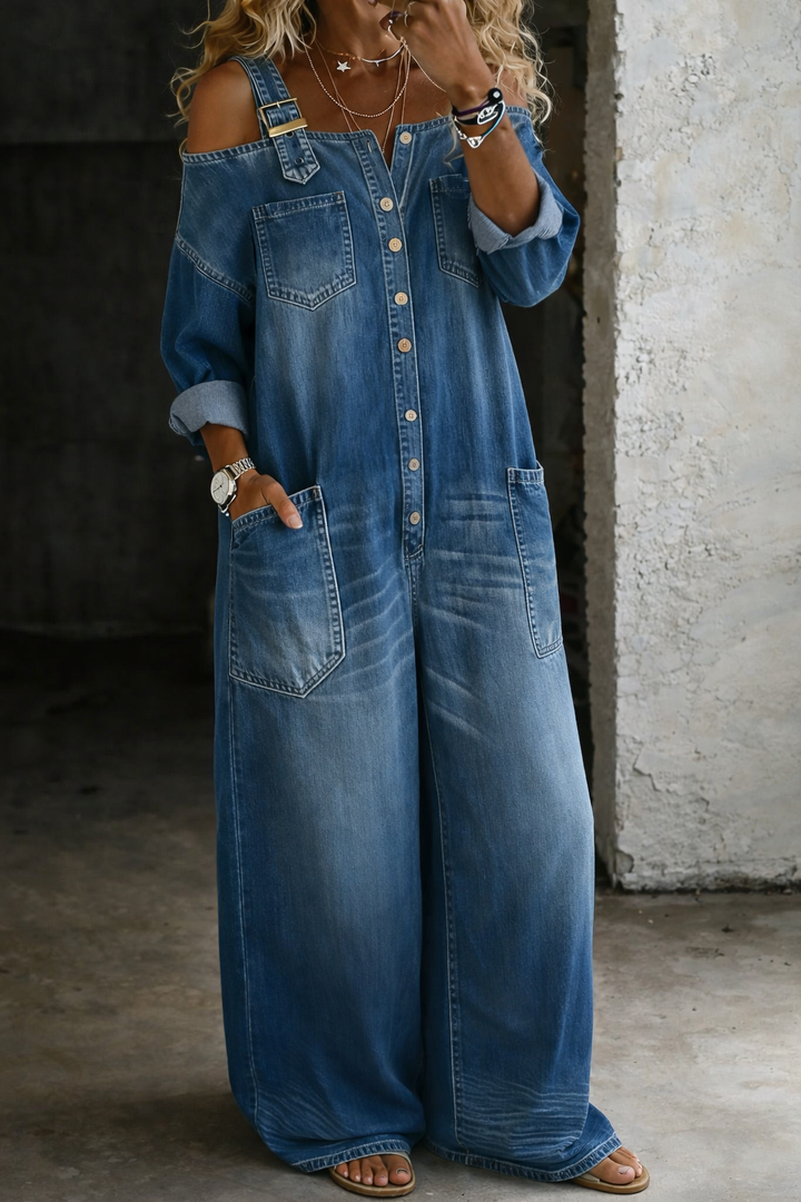 Off Shoulder Denim Jumpsuit - Casual Women's One Piece