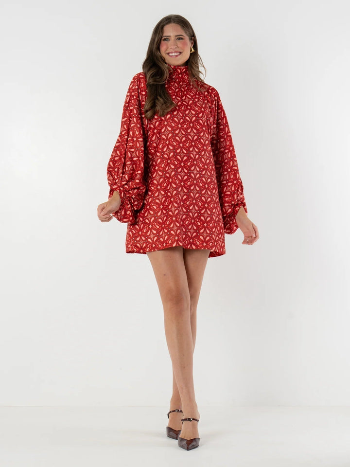Kayla - Bohemian High Neck Lantern Sleeve Mini Dress