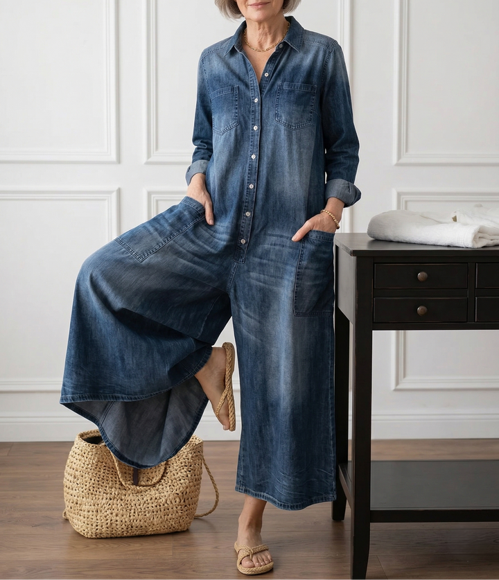Denim Jumpsuit Women Cotton Button Front Vintage Washed