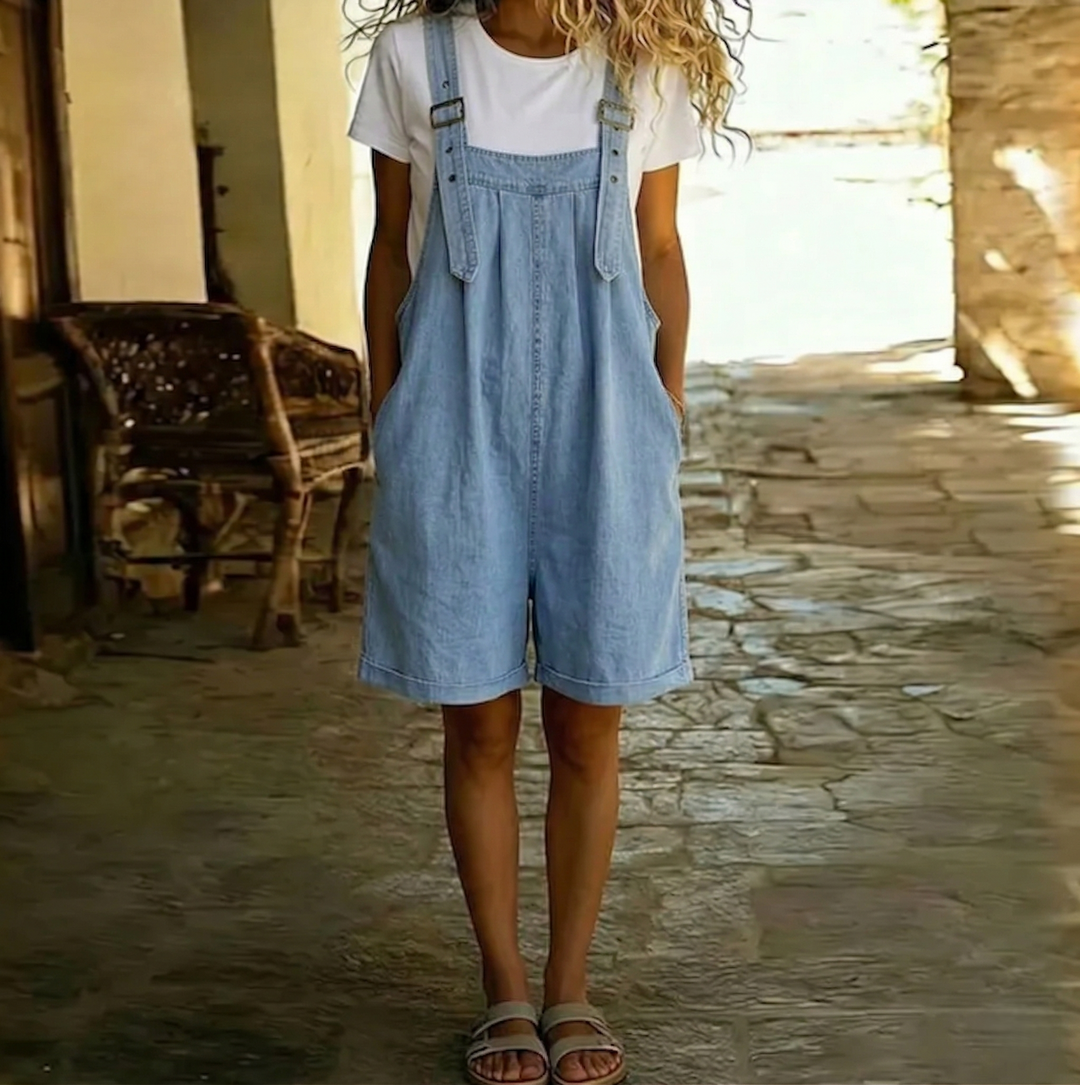 Denim Short Overalls Women Vintage Washed Light Blue Cotton