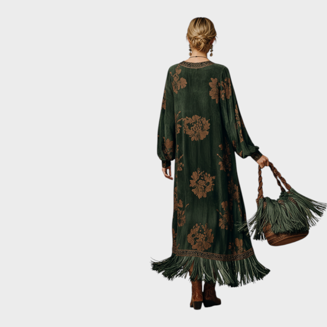 Makayla | Green Faux Suede V-Neck Maxi Dress with Tassel Trim