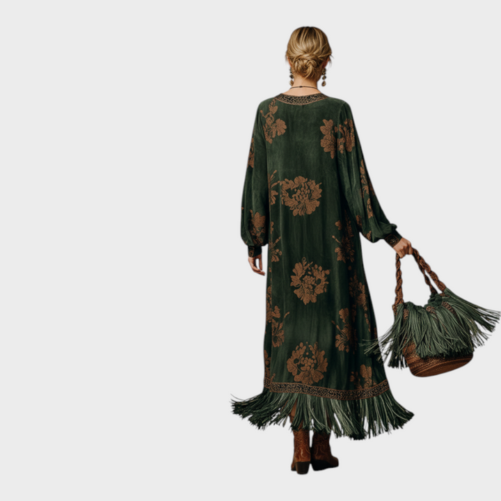 Makayla | Green Faux Suede V-Neck Maxi Dress with Tassel Trim