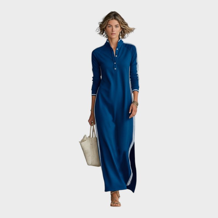 Jenalie | Women's Minimalist White-trimmed Button-down Collar Sweatshirt Dress Maxi Dress MDA0958L0Y