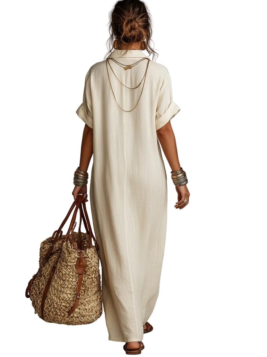 Women's Minimalist Linen Blend Embroidered Short-sleeved Shirt Maxi Dress