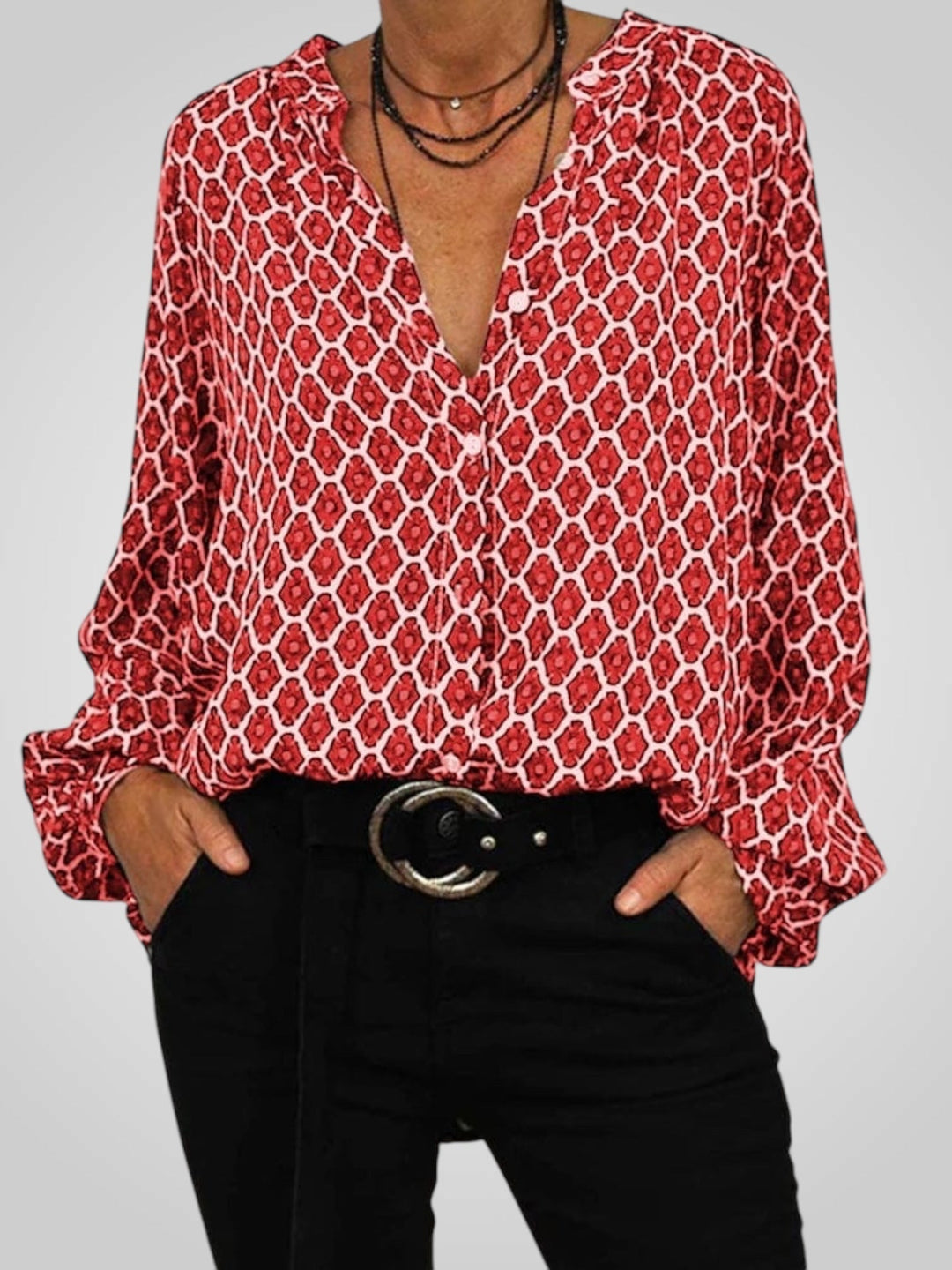 Nela | Elegant V-neck Blouse with Geometric Pattern
