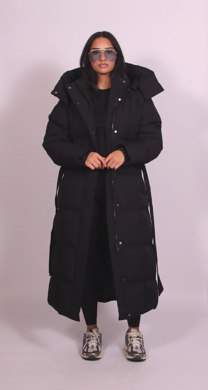 Full-Length Padded Coat with Cinched Waist