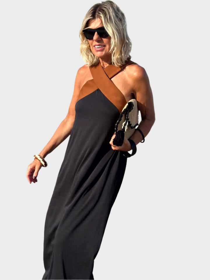 Elegant Dress with Open Back and Modern Cross Neck